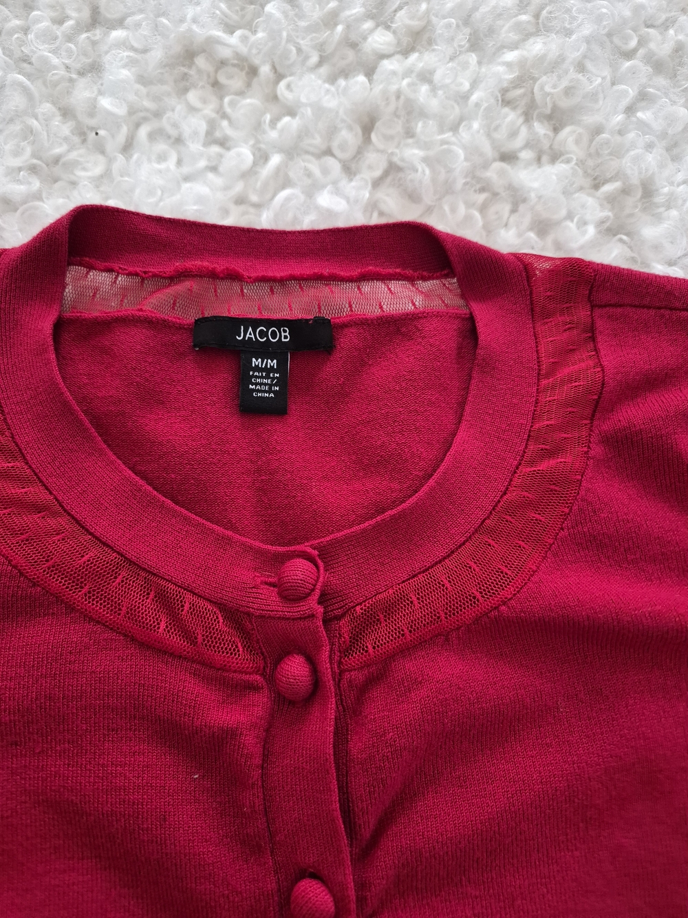 JACOB Red Cardigan M Sheer Trim Soft Girl Chic Model Off Duty Y2K Aesthetic - Picture 2 of 8